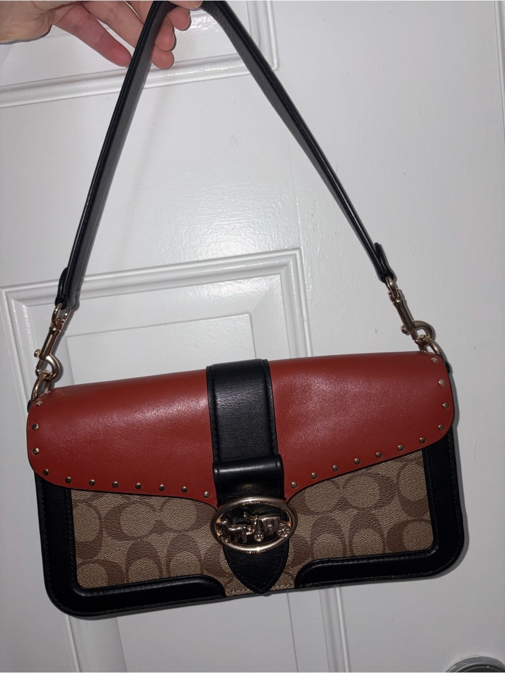 Coach Shoulder Bag Brown Tan Black Red with Signature Canvas - Picture 6 of 10